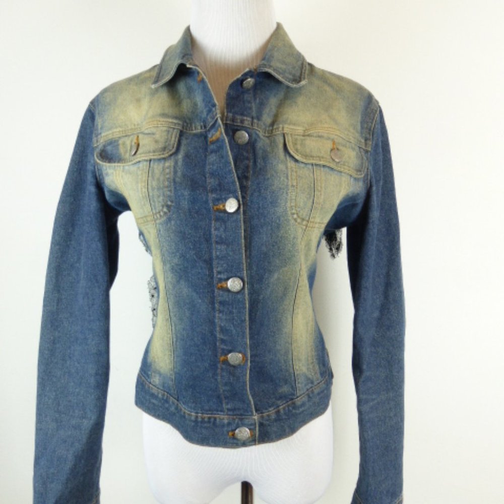 Blumarine Italy blue denim jean jacket embellished I40 S M Vintage crystal mesh